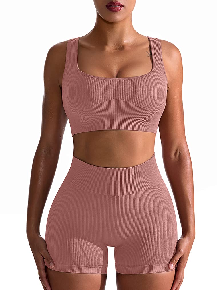 OQQ Workout Outfits for Women 2 Piece Seamless Ribbed High Waist Leggings with Sports Bra Exercise Set…