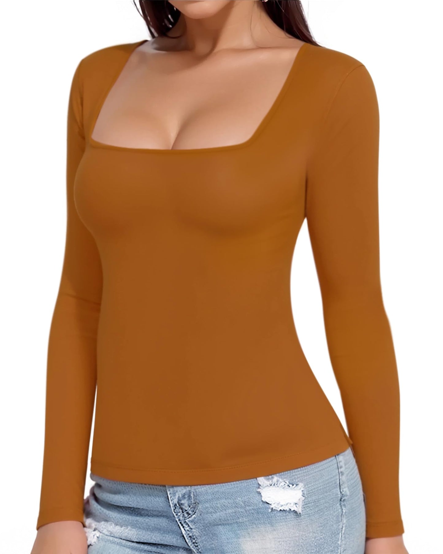 MANGOPOP Womens Square Neck T Shirts Long Sleeve Tops Fitted Tees