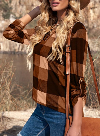 Dokotoo Womens Basic Casual V Neck Plaid Print Cotton Cuffed Long Sleeve Work Tops Blouses Shirts S-3XL
