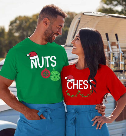 Chest and Nuts Christmas Shirts Xmas Couples Matching Outfits His and Her Holiday Short Sleeve Matching Sets
