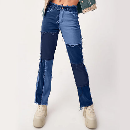 Women's Patchwork Pants Hight Waist Distressed Straight Denim Jeans Wide Leg High Waisted Baggy Drawstring Sweat