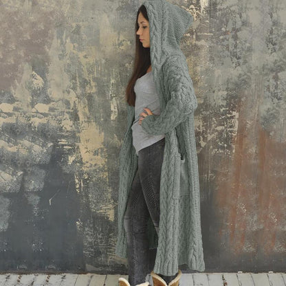 NIUBIA Womens Casual Long Sleeve Open Cardigan Warm Hooded Outwear Coat Cable Knit Long Cardigan Sweaters with Pockets