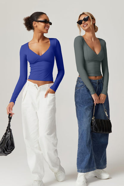 QINSEN Women's Long Sleeve V Neck T Shirts Double Lined Crop Top Seamed Cup Going Out Tops