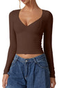 QINSEN Women's Long Sleeve V Neck T Shirts Double Lined Crop Top Seamed Cup Going Out Tops