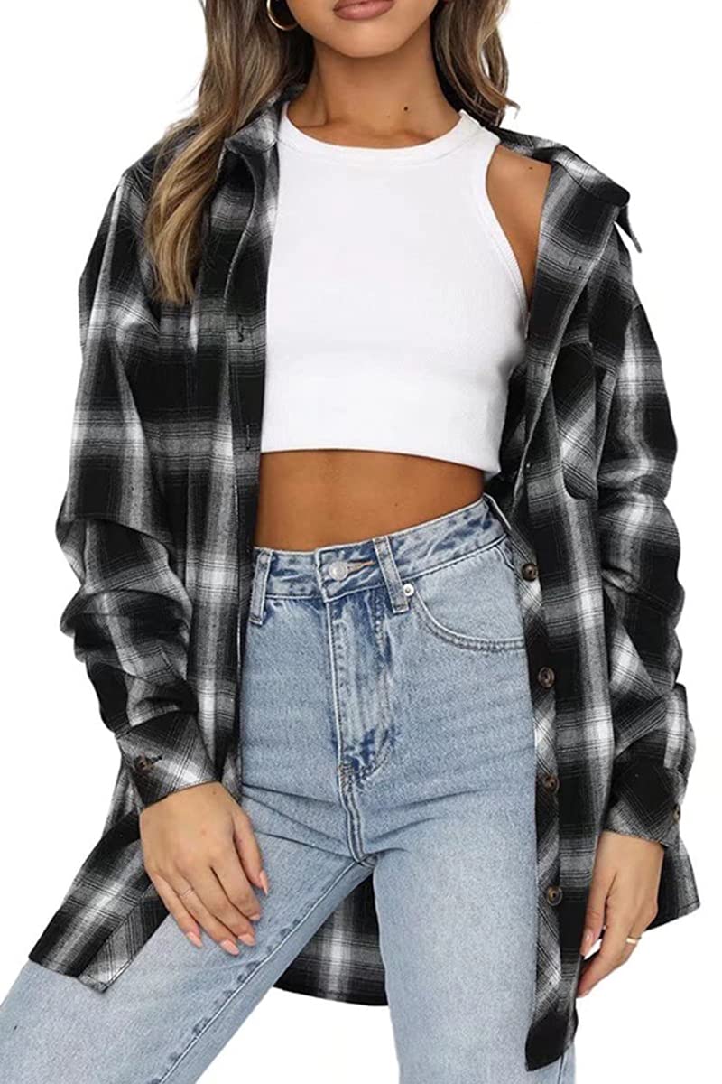 CHYRII Womens Button Down Flannel Shirts Long Sleeve Plaid Shackets Business Casual Blouse Top
