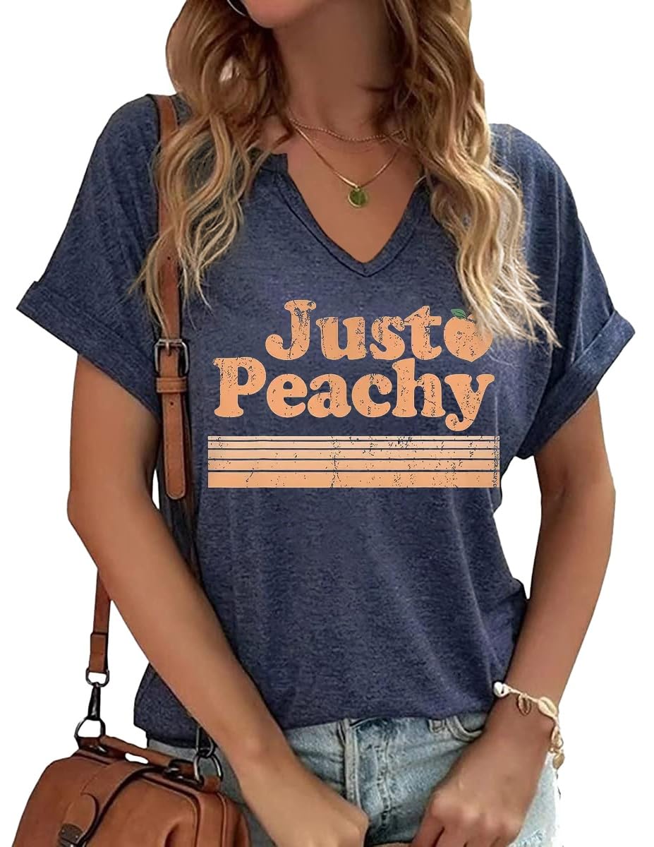TIXOM Womens Summer V Neck Shirt Funny Letter Printed Graphic Short Sleeve Tee Casual Loose Fit Holiday Tops