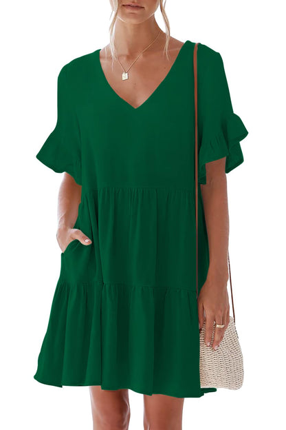 nclook Women's Summer Casual Dress Sweet & Cute V-Neck Mini Dress with Pocket Short Sleevele Ruffle Dress