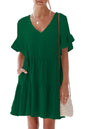 nclook Women's Summer Casual Dress Sweet & Cute V-Neck Mini Dress with Pocket Short Sleevele Ruffle Dress