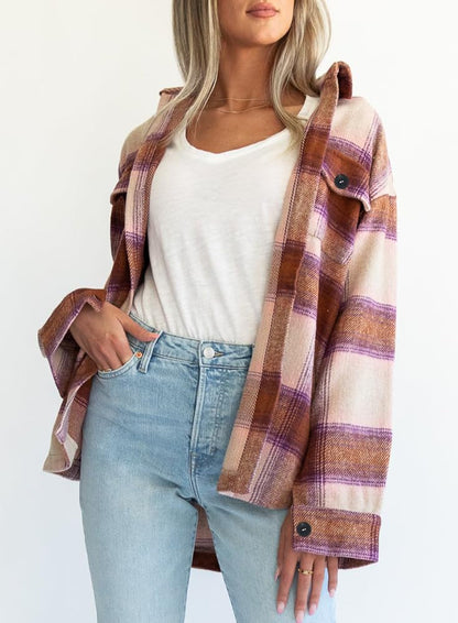 Beaully Women's Flannel Plaid Shacket Long Sleeve Button Down Shirts Jacket Coats with Side Pockets