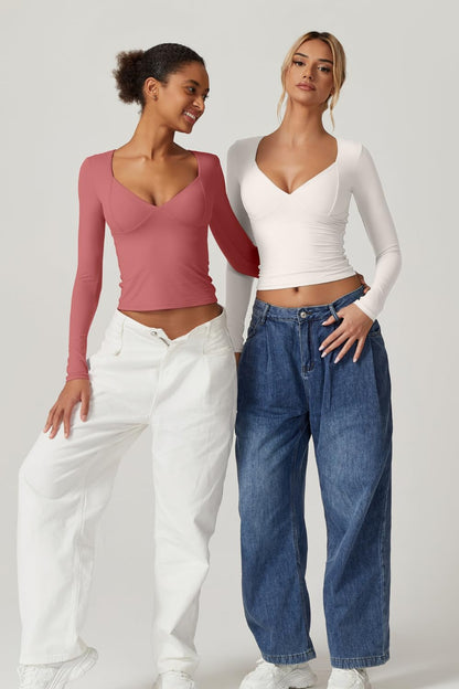 QINSEN Women's Long Sleeve V Neck T Shirts Double Lined Crop Top Seamed Cup Going Out Tops