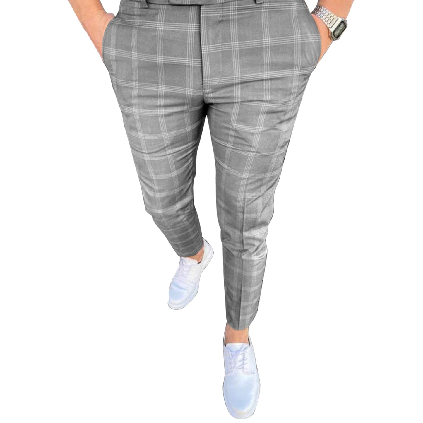 Men's Fashion Stretch Dress Pants Slim Fit Plaid Skinny Long Pants Casual Business Golf Dress Pants