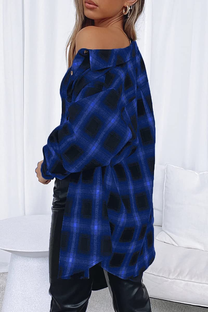 CHYRII Womens Button Down Flannel Shirts Long Sleeve Plaid Shackets Business Casual Blouse Top