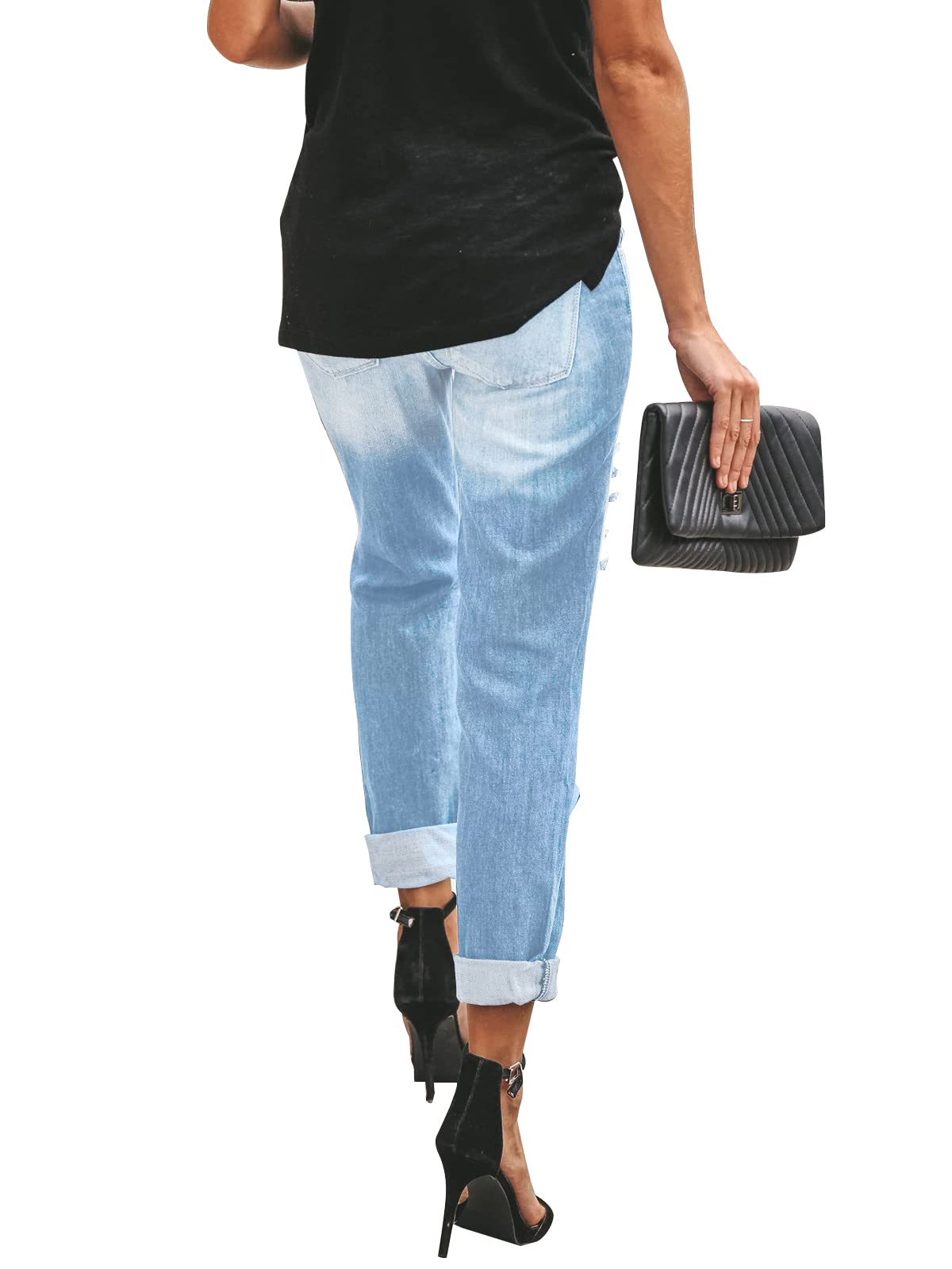 KUNMI Women's Ripped Mid Waisted Boyfriend Jeans Loose Fit Distressed Stretchy Denim Pants