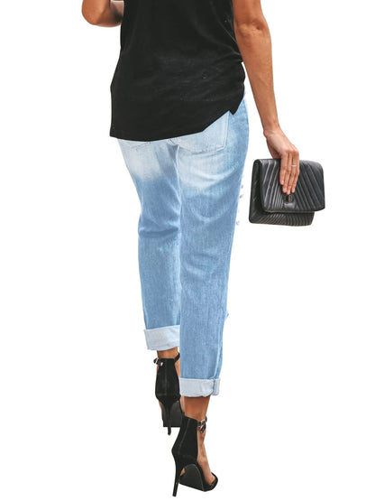 KUNMI Women's Ripped Mid Waisted Boyfriend Jeans Loose Fit Distressed Stretchy Denim Pants