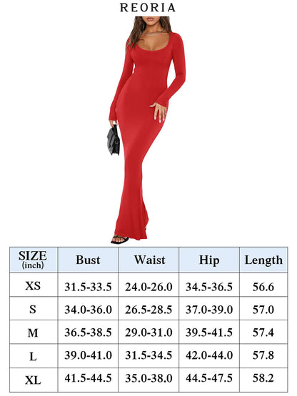 REORIA Womens Basic Sexy Square Neck Long Sleeve Soft Lounge Long Dress Fall Casual Ribbed Bodycon Maxi Dresses
