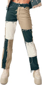 Women's Patchwork Pants Hight Waist Distressed Straight Denim Jeans Wide Leg High Waisted Baggy Drawstring Sweat