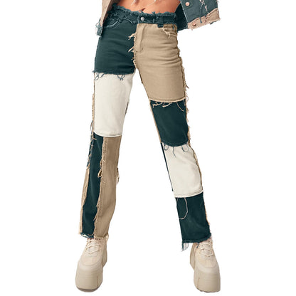 Women's Patchwork Pants Hight Waist Distressed Straight Denim Jeans Wide Leg High Waisted Baggy Drawstring Sweat