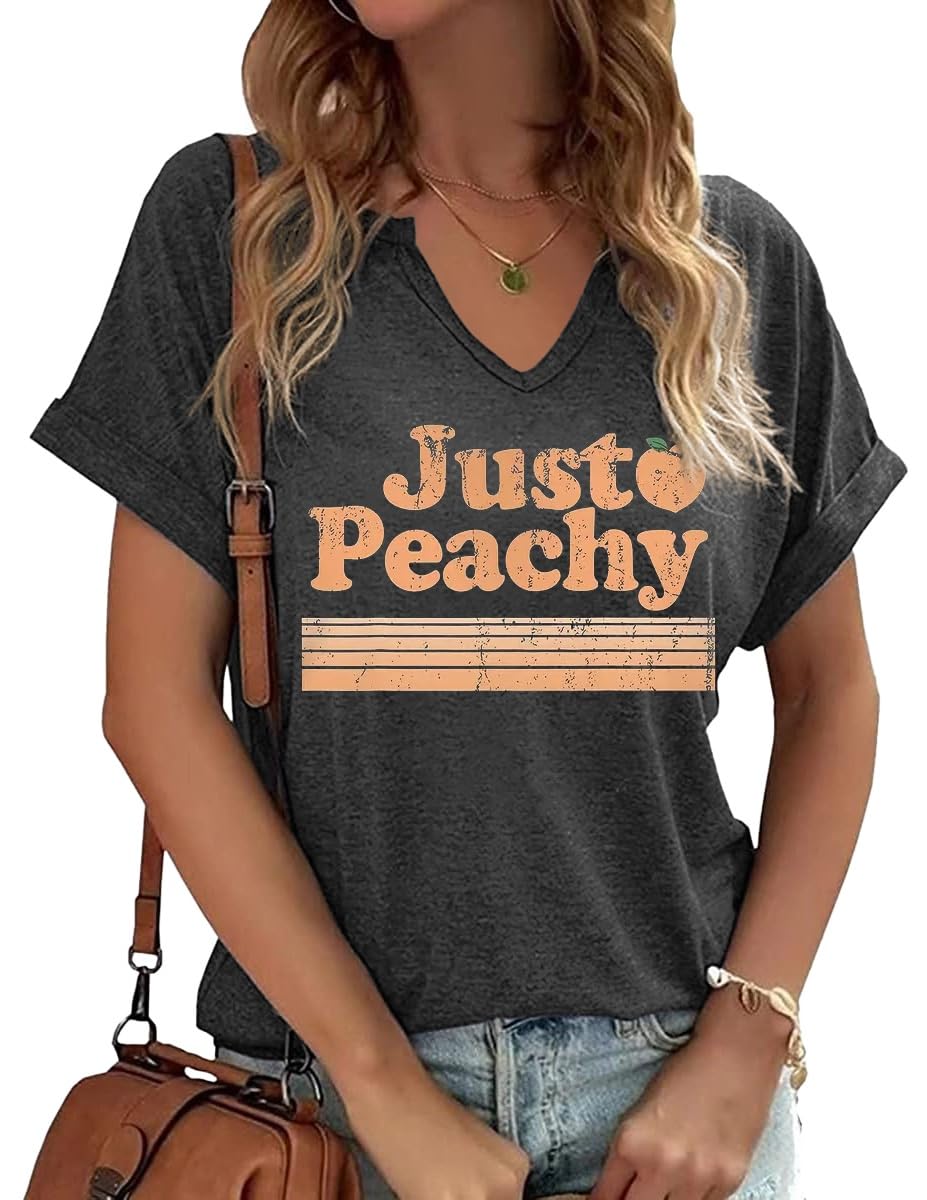 TIXOM Womens Summer V Neck Shirt Funny Letter Printed Graphic Short Sleeve Tee Casual Loose Fit Holiday Tops