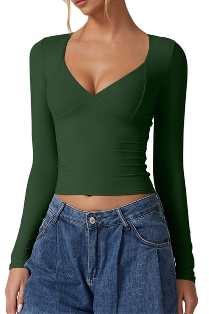 QINSEN Women's Long Sleeve V Neck T Shirts Double Lined Crop Top Seamed Cup Going Out Tops