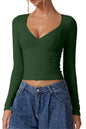 QINSEN Women's Long Sleeve V Neck T Shirts Double Lined Crop Top Seamed Cup Going Out Tops