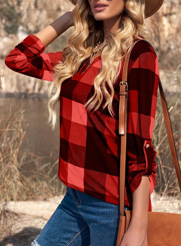 Dokotoo Womens Basic Casual V Neck Plaid Print Cotton Cuffed Long Sleeve Work Tops Blouses Shirts S-3XL