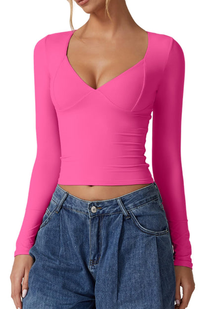 QINSEN Women's Long Sleeve V Neck T Shirts Double Lined Crop Top Seamed Cup Going Out Tops