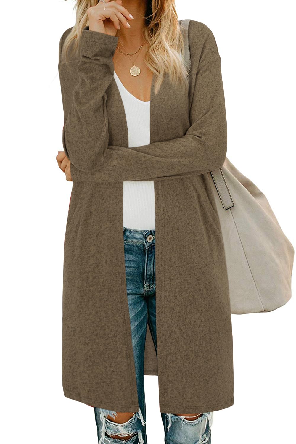 OUGES Women's Open Front Cardigan Shirt with Pockets Long Sleeve Lightweight Coat
