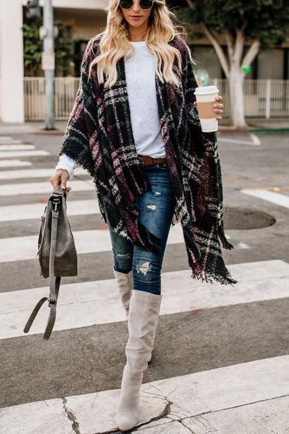Bestshe Women's Boho Open Front Poncho Knitted Plaid Shawl Wrap Cape Tassel Cardigan Sweater