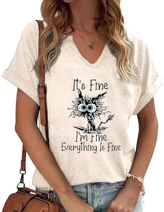 TIXOM Womens Summer V Neck Shirt Funny Letter Printed Graphic Short Sleeve Tee Casual Loose Fit Holiday Tops