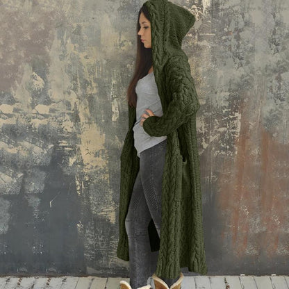 NIUBIA Womens Casual Long Sleeve Open Cardigan Warm Hooded Outwear Coat Cable Knit Long Cardigan Sweaters with Pockets