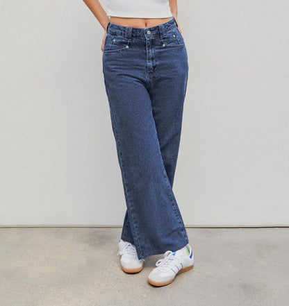 Women's Patchwork Pearl Embellished Jeans High Waisted Solid Color Casual Straight Leg Baggy Denim Pants