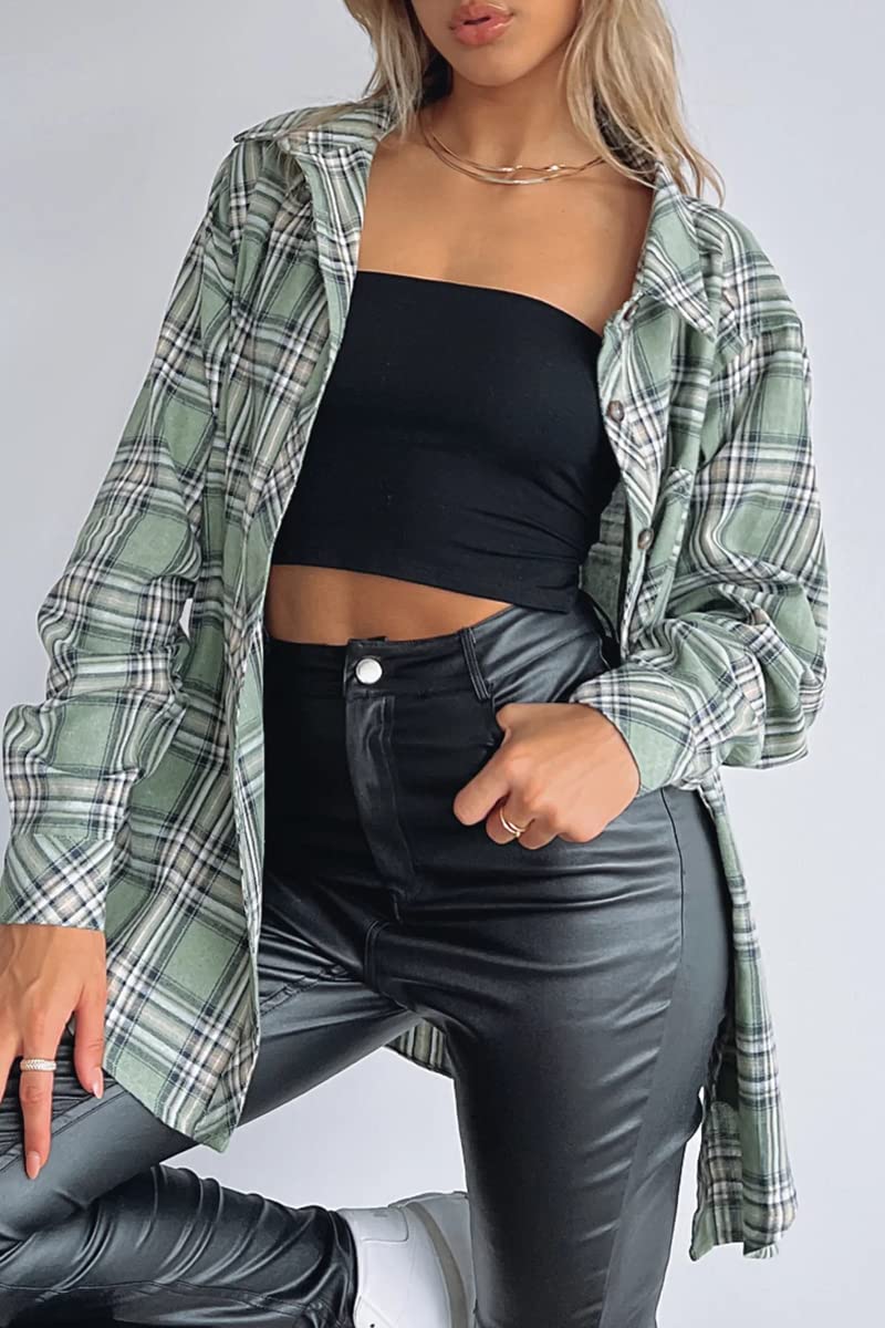 CHYRII Womens Button Down Flannel Shirts Long Sleeve Plaid Shackets Business Casual Blouse Top