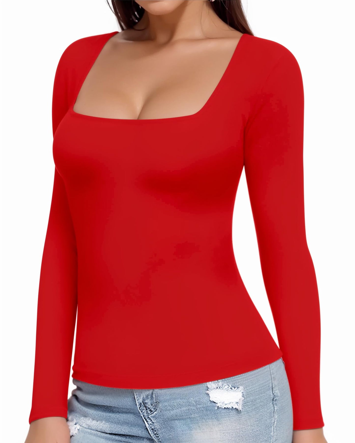 MANGOPOP Womens Square Neck T Shirts Long Sleeve Tops Fitted Tees