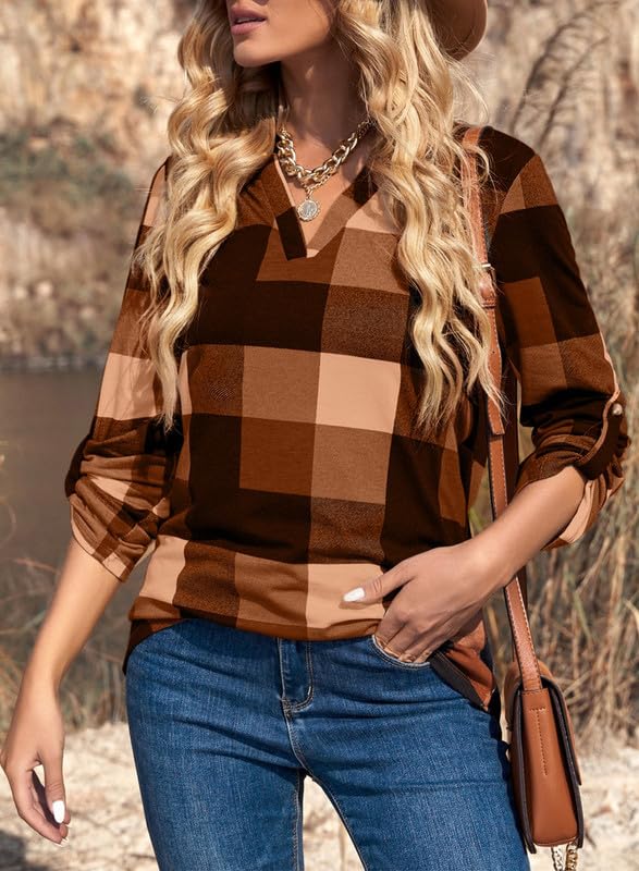 Dokotoo Womens Basic Casual V Neck Plaid Print Cotton Cuffed Long Sleeve Work Tops Blouses Shirts S-3XL