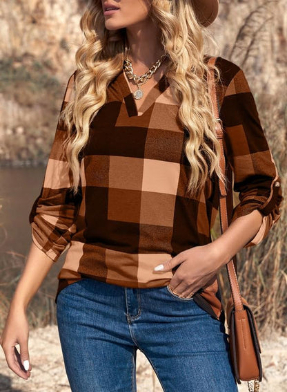 Dokotoo Womens Basic Casual V Neck Plaid Print Cotton Cuffed Long Sleeve Work Tops Blouses Shirts S-3XL