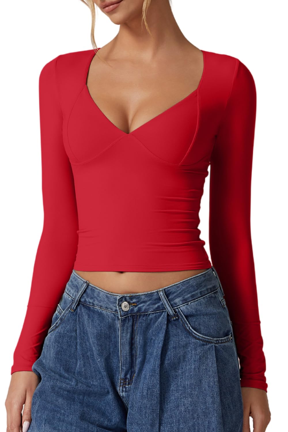 QINSEN Women's Long Sleeve V Neck T Shirts Double Lined Crop Top Seamed Cup Going Out Tops