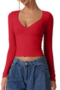 QINSEN Women's Long Sleeve V Neck T Shirts Double Lined Crop Top Seamed Cup Going Out Tops