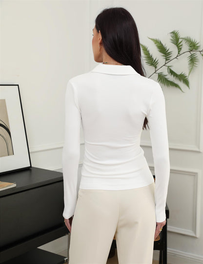 Womens Long Sleeve V Neck Polo Shirts Business Casual Collared Work Top Slim Fitted Basic 2024 Fall Shirt