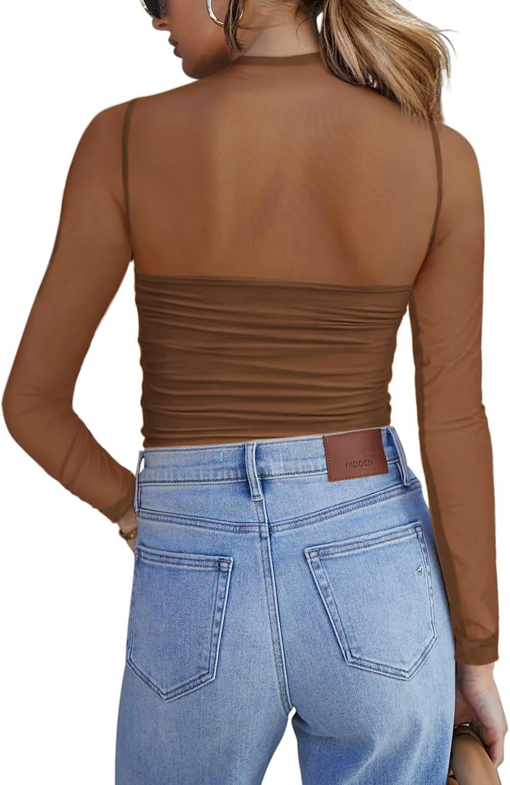 Zeagoo Women's Sexy Mock Turtle Neck Long Sleeve Tops Sheer Mesh Ruched Trendy Going Out Shirts Blouse