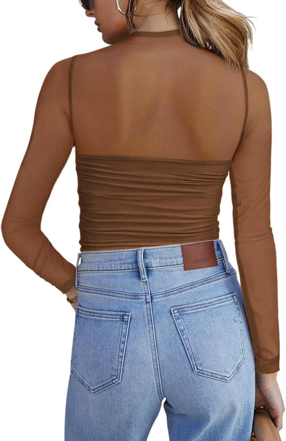 Zeagoo Women's Sexy Mock Turtle Neck Long Sleeve Tops Sheer Mesh Ruched Trendy Going Out Shirts Blouse