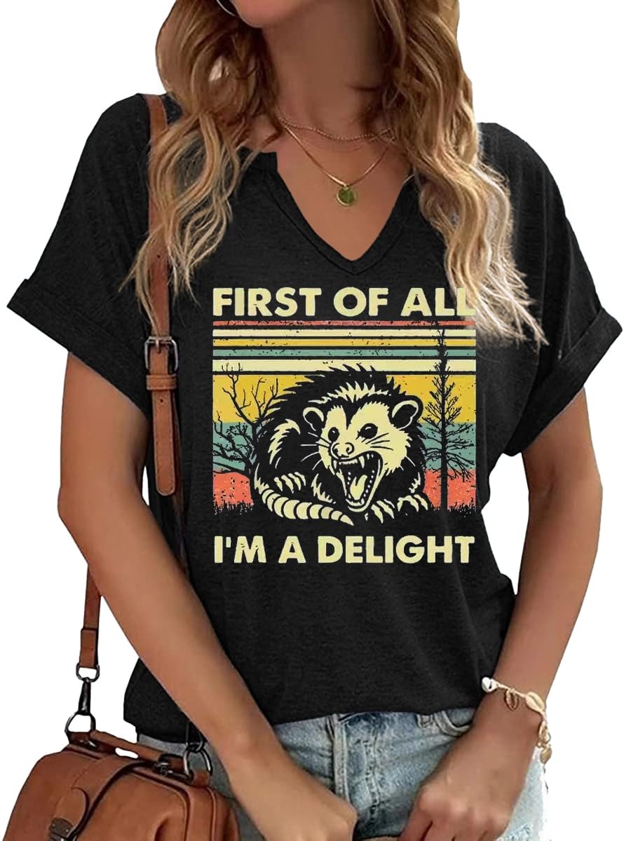 TIXOM Womens Summer V Neck Shirt Funny Letter Printed Graphic Short Sleeve Tee Casual Loose Fit Holiday Tops