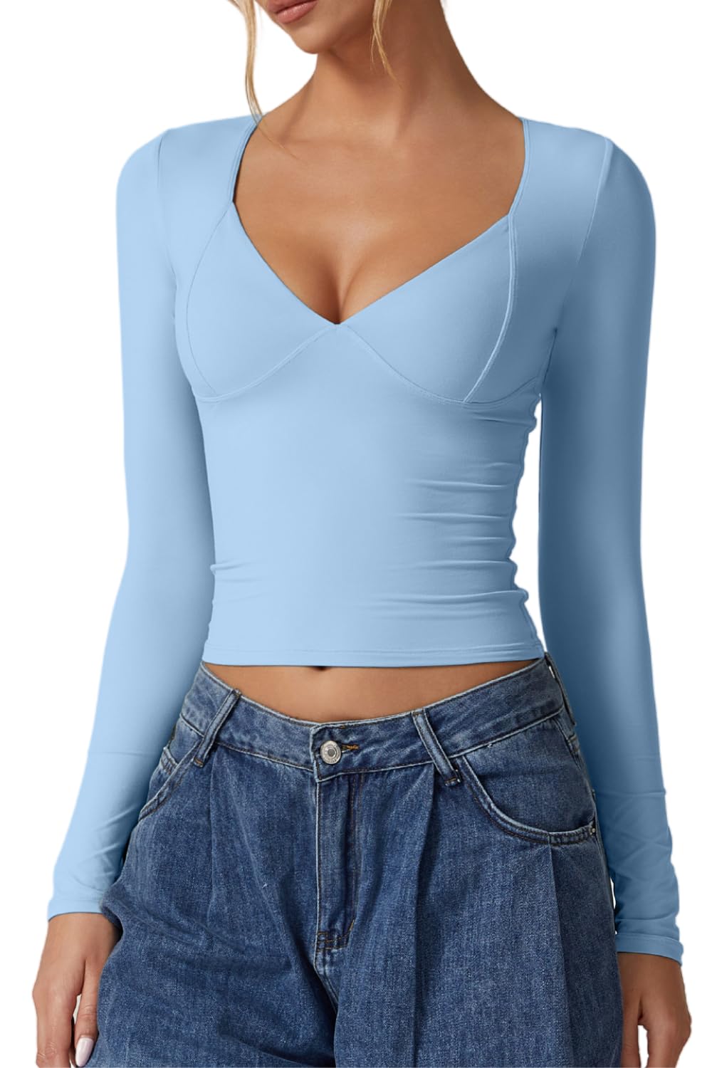 QINSEN Women's Long Sleeve V Neck T Shirts Double Lined Crop Top Seamed Cup Going Out Tops
