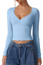 QINSEN Women's Long Sleeve V Neck T Shirts Double Lined Crop Top Seamed Cup Going Out Tops