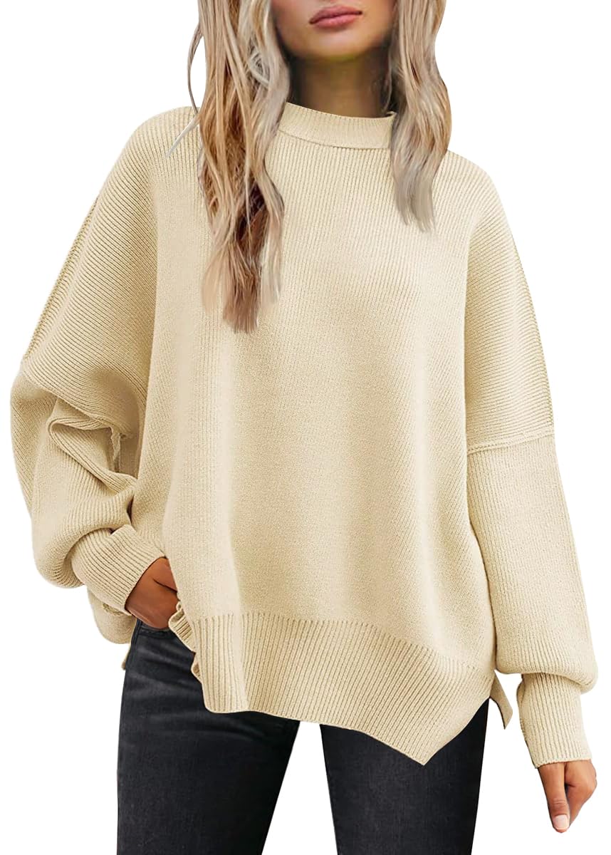 LILLUSORY Women's Oversized Batwing Sweaters 2024 Fall Outfits Crewneck Ribbed Knit Side Slit Trendy Pullover Tops