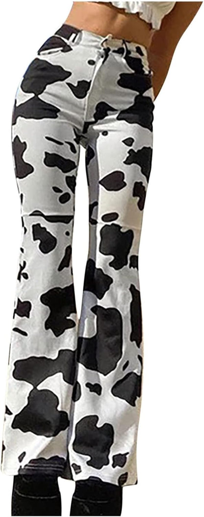 NATHGAM Women Denim Flare Pants High Waisted Y2k Cow Print Bell Bottom Jeans Soft Fashion Bootcut Skinny Trousers with Pocket