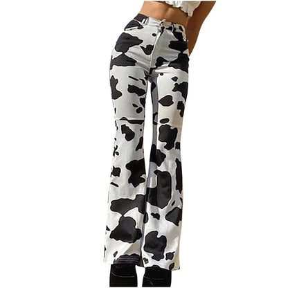 NATHGAM Women Denim Flare Pants High Waisted Y2k Cow Print Bell Bottom Jeans Soft Fashion Bootcut Skinny Trousers with Pocket