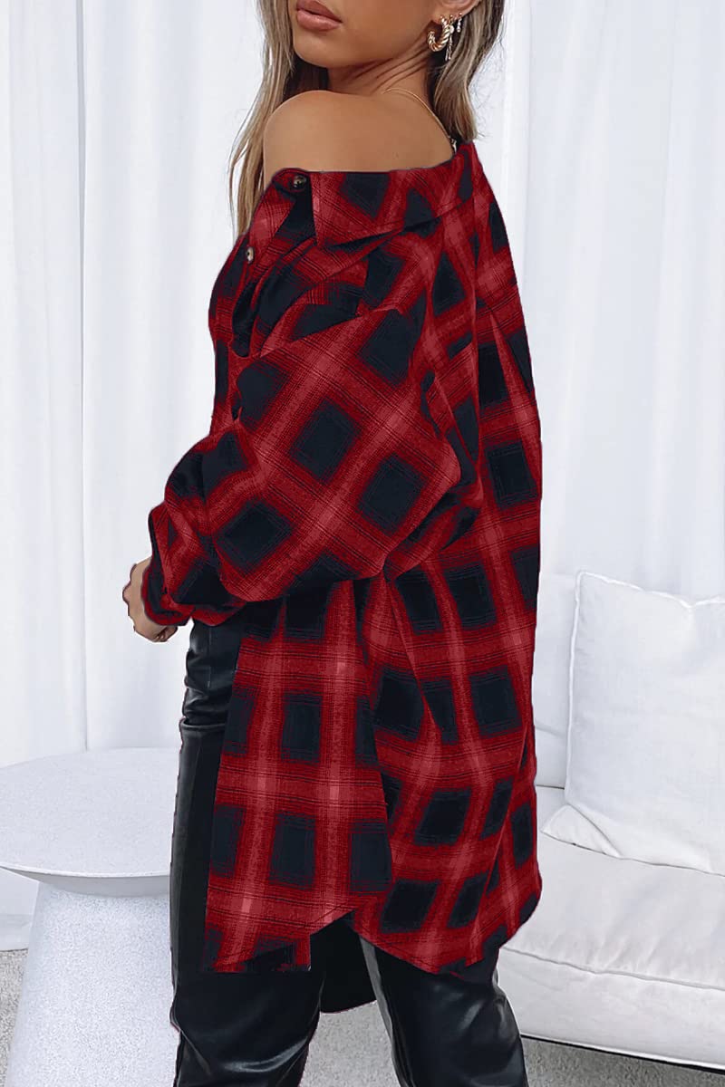 CHYRII Womens Button Down Flannel Shirts Long Sleeve Plaid Shackets Business Casual Blouse Top