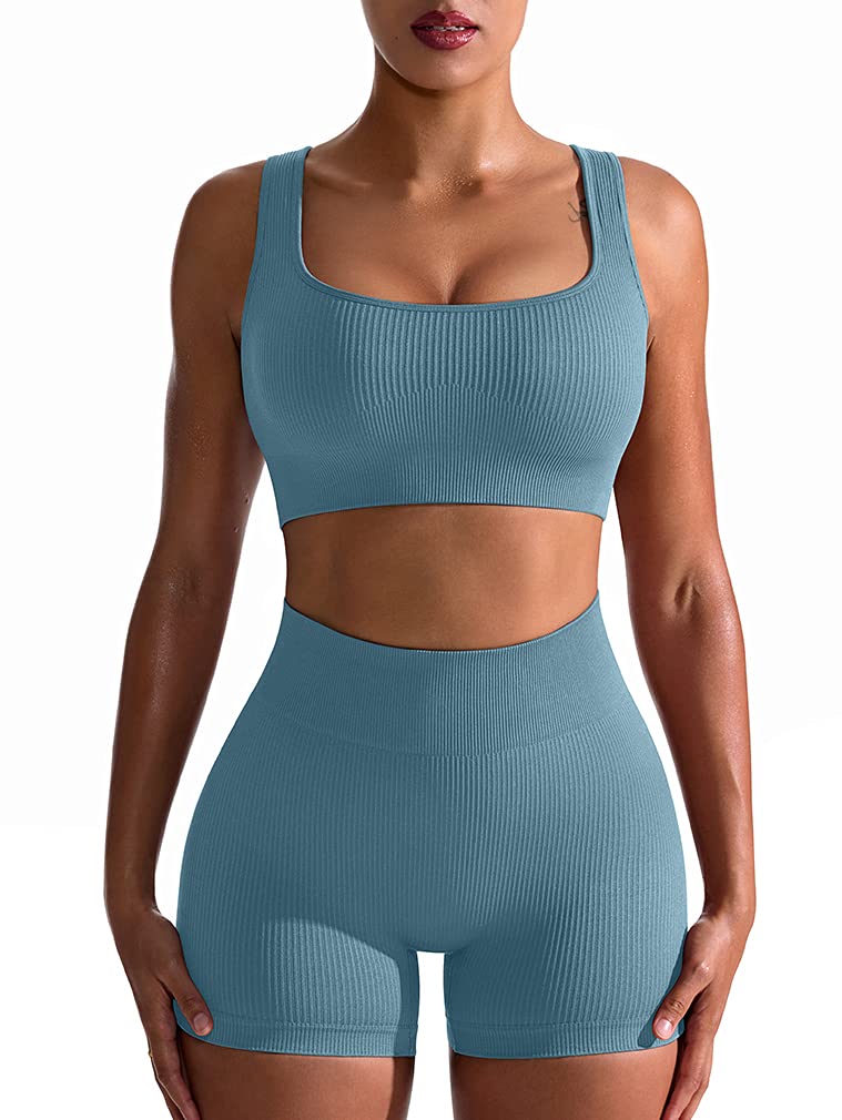 OQQ Workout Outfits for Women 2 Piece Seamless Ribbed High Waist Leggings with Sports Bra Exercise Set…