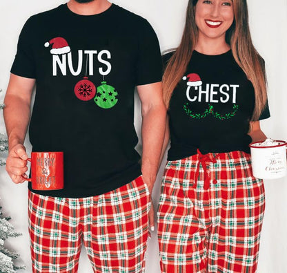 Chest and Nuts Christmas Shirts Xmas Couples Matching Outfits His and Her Holiday Short Sleeve Matching Sets