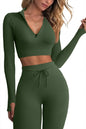 QINSEN Long Sleeve Workout Shirt for Women High Funnel Neck Crop Tops Tummy Control Leggings Fitted 2 Pieces Sets